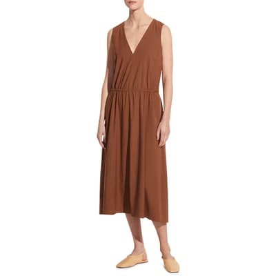 Brown Relaxed Linen Blend Midi Dress