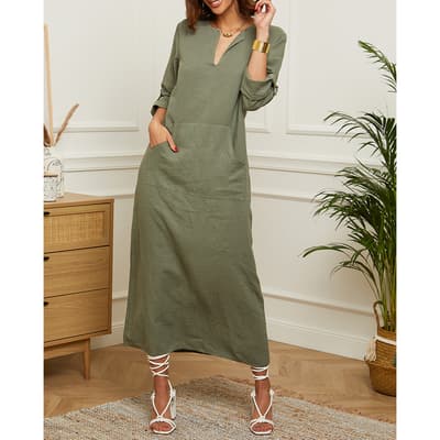 Khaki Front Pocket Linen Dress