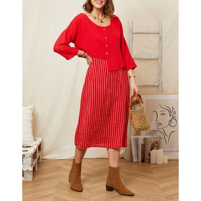 Red Asymmetric Detailed Linen Dress