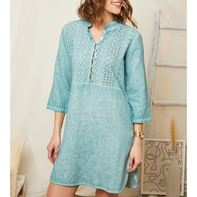Blue Patterned Linen Mini Dress