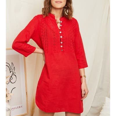 Red Patterned Linen Mini Dress