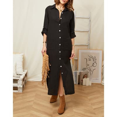 Black Button Through Linen Maxi Shirt Dress
