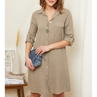 Taupe Button Through Linen Shirt Dress