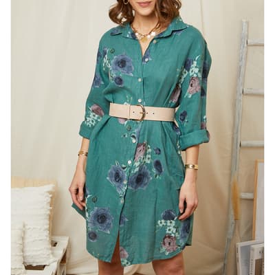 Green Floral Print Linen Dress