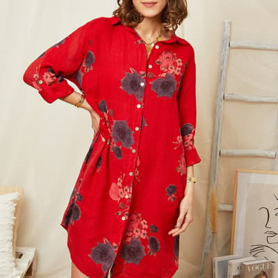 Red Floral Print Linen Dress