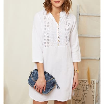 White Pattern Linen Mini Dress