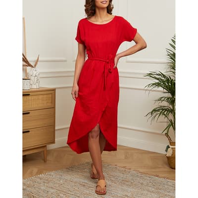 Red Tie Front Linen Midi Dress