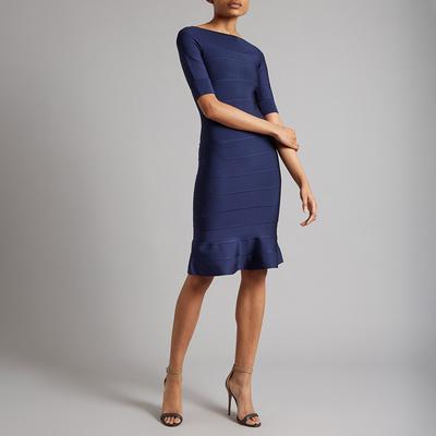 Navy Boat Neck Flare Bandage Dress