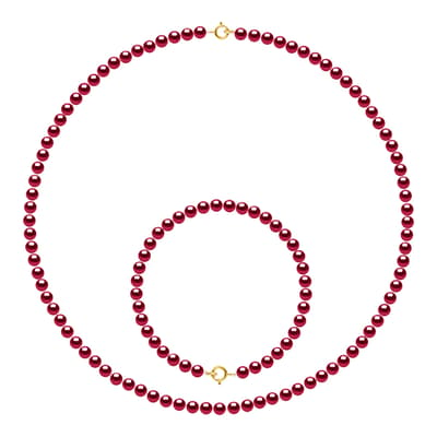 Red Pearl Necklace And Bracelet Set