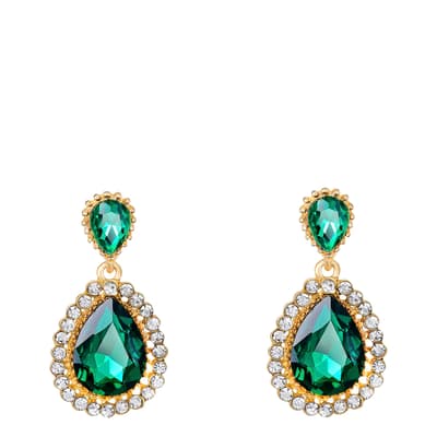18K Gold & Green Embellished Pear Drop Earrings