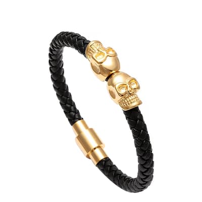 18K Gold Black Leather Double Skull Bracelet