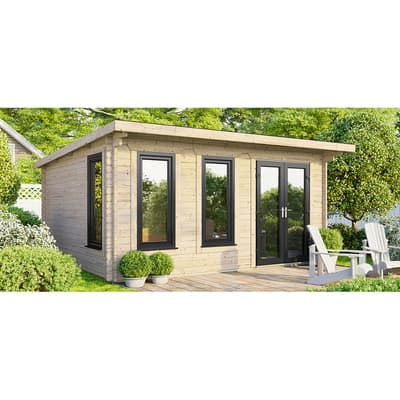 SAVE £1370 16x12 Power Pent Log Cabin, Right Double Doors - 44mm