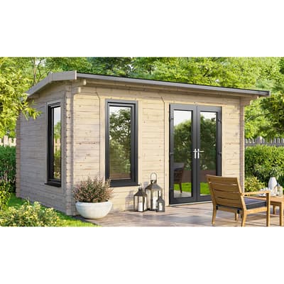 SAVE £1130 14x8 Power Apex Log Cabin, Right Double Doors - 44mm