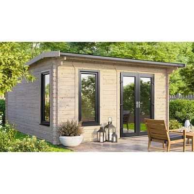 SAVE £955  14x14 Power Apex Log Cabin, Right Double Doors - 44mm