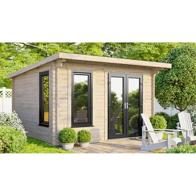 SAVE £1130  12x10 Power Pent Log Cabin, Right Double Doors - 44mm