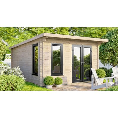 SAVE £900  12x14 Power Pent Log Cabin, Right Double Doors - 44mm