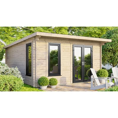 SAVE £955  14x14 Power Pent Log Cabin, Right Double Doors - 44mm