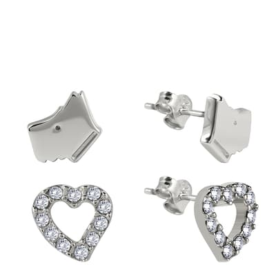 Sterling Silver Dog and Stone Set Heart Twin Pack Earrings