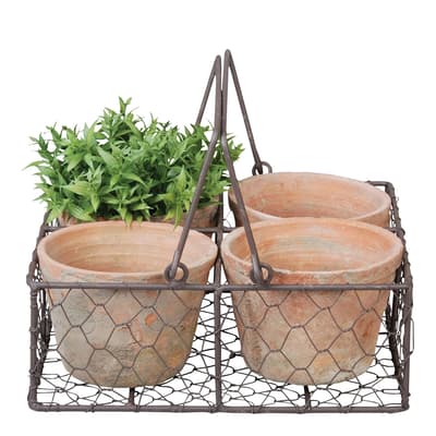 Set Of 4 Aged Terracotta Pots In Wire Basket