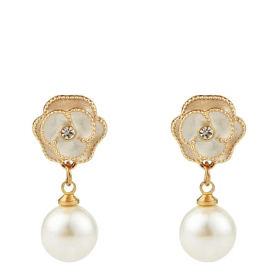 18K Gold Rose And Pearl Drop Earrings