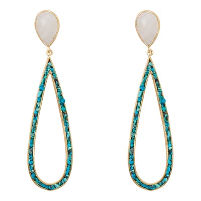 18K Gold Rainbow Moonstone And Turquoise Pear Drop Earrings