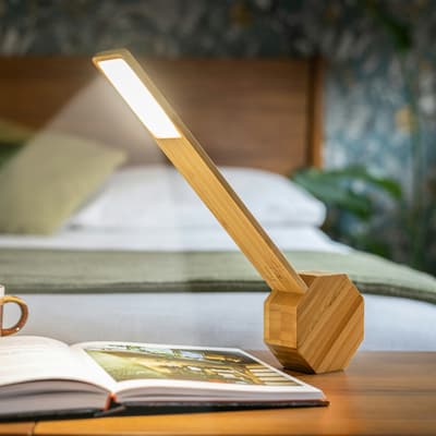 Octagon One Portable Desk Light, Natural Bamboo Wood
