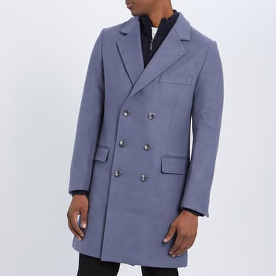 Blue Double Breasted Wool Blend Coat