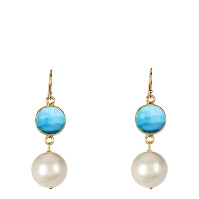 18K Gold Turquoise & Pearl Drop Earrings