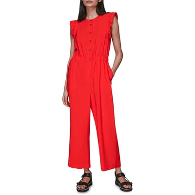 Red Frill Sleeve Button Jumpsuit