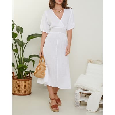 White Puff Sleeve Linen Midi Dress