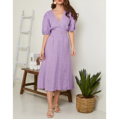 Lilac Puff Sleeve Linen Midi Dress