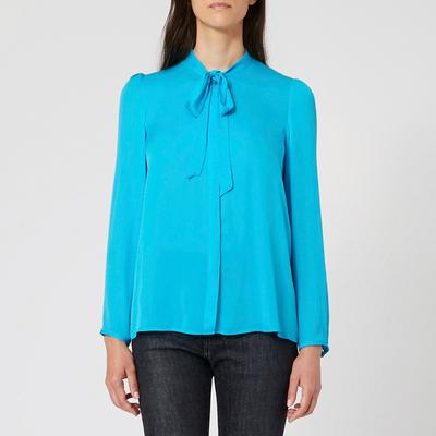 Blue Tie Neck Silk Blend Blouse