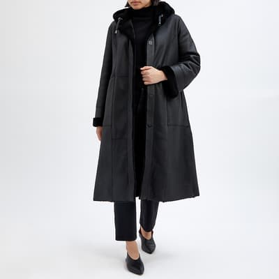 Black Shearling Longline Hooded Coat