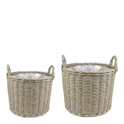 Polyrattan Set of Two Lined Planters Natural