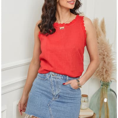 Red Embroidered Linen Top
