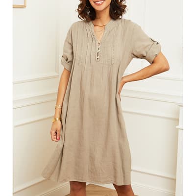 Beige Pleated Linen Mini Dress