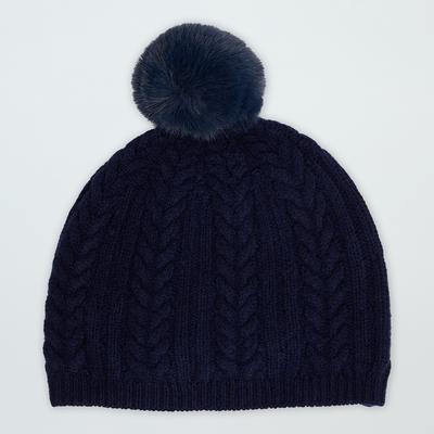 Navy Cable Cashmere Pom Pom Hat 