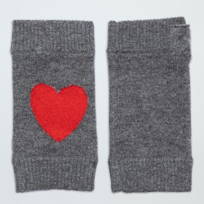Grey/Red Heart Fingerless Cashmere Gloves 