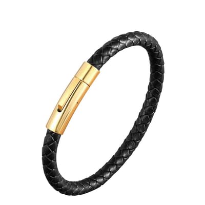 18K Gold Magnetic Black Leather Bracelet