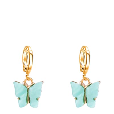 18K Gold Aqua Blue Carved Butterfly Drop Earrings