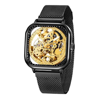 Black Cushion Shape & Gold Skeleton Mesh Bracelet Watch
