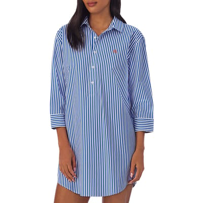 Blue Cotton 3/4 Sleeve Notch Collar Sleepshirt