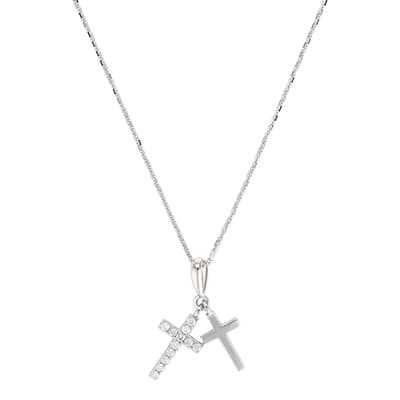 Silver Double Cross Diamond Pendant Necklace