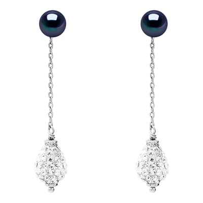 Silver/Black Tahiti Real Cultured Freshwater Pearl Crystal Ball Earrings