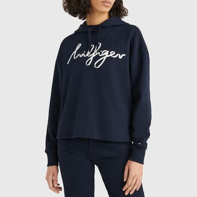 Navy Relaxed Fit Script Logo Hoodie