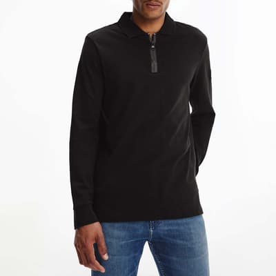 Black Long Sleeve Cotton Blend Polo Shirt