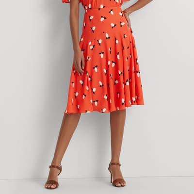 Orange Floral Print Midi Skirt