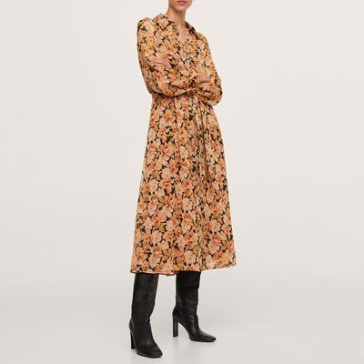 Orange Floral Print Shirt Dress
