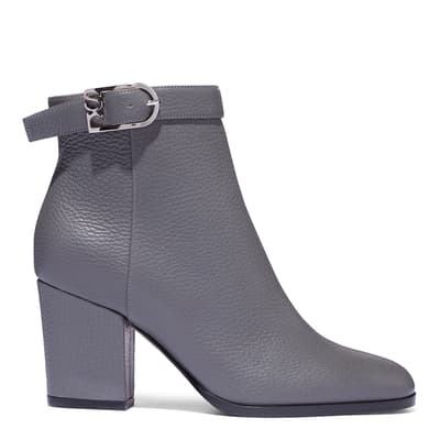 Grey Leather Buckle Block Detail Heeled Boots 
