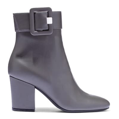Grey Leather Buckle Detail Heeled Boots 